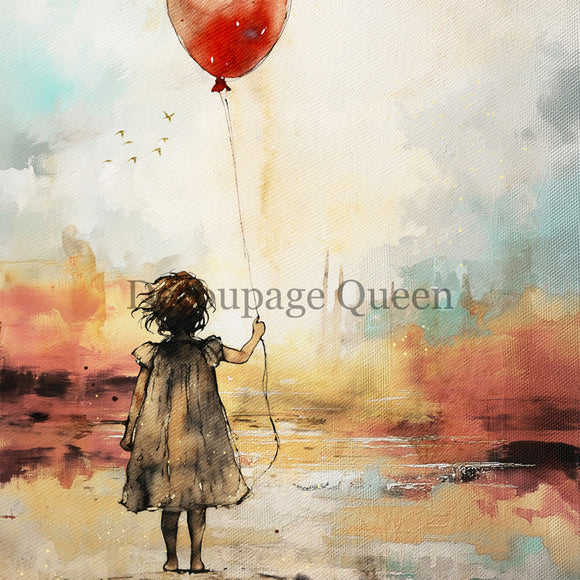 Close-up of a rice paper featuring a child holding a bright red balloon against a dreamy watercolor shoreline with an orange sunset.
