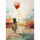 Rice paper featuring a child holding a bright red balloon against a dreamy watercolor shoreline with an orange sunset.