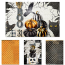 Halloween-themed decorative items with pumpkins, cats, and text on a white background.