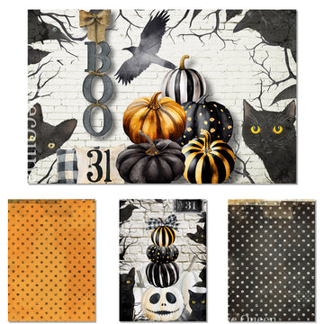 Halloween-themed decorative items with pumpkins, cats, and text on a white background.
