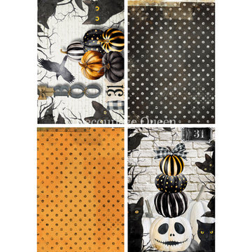 Collage of Halloween-themed swatches with pumpkins, cats, and text.