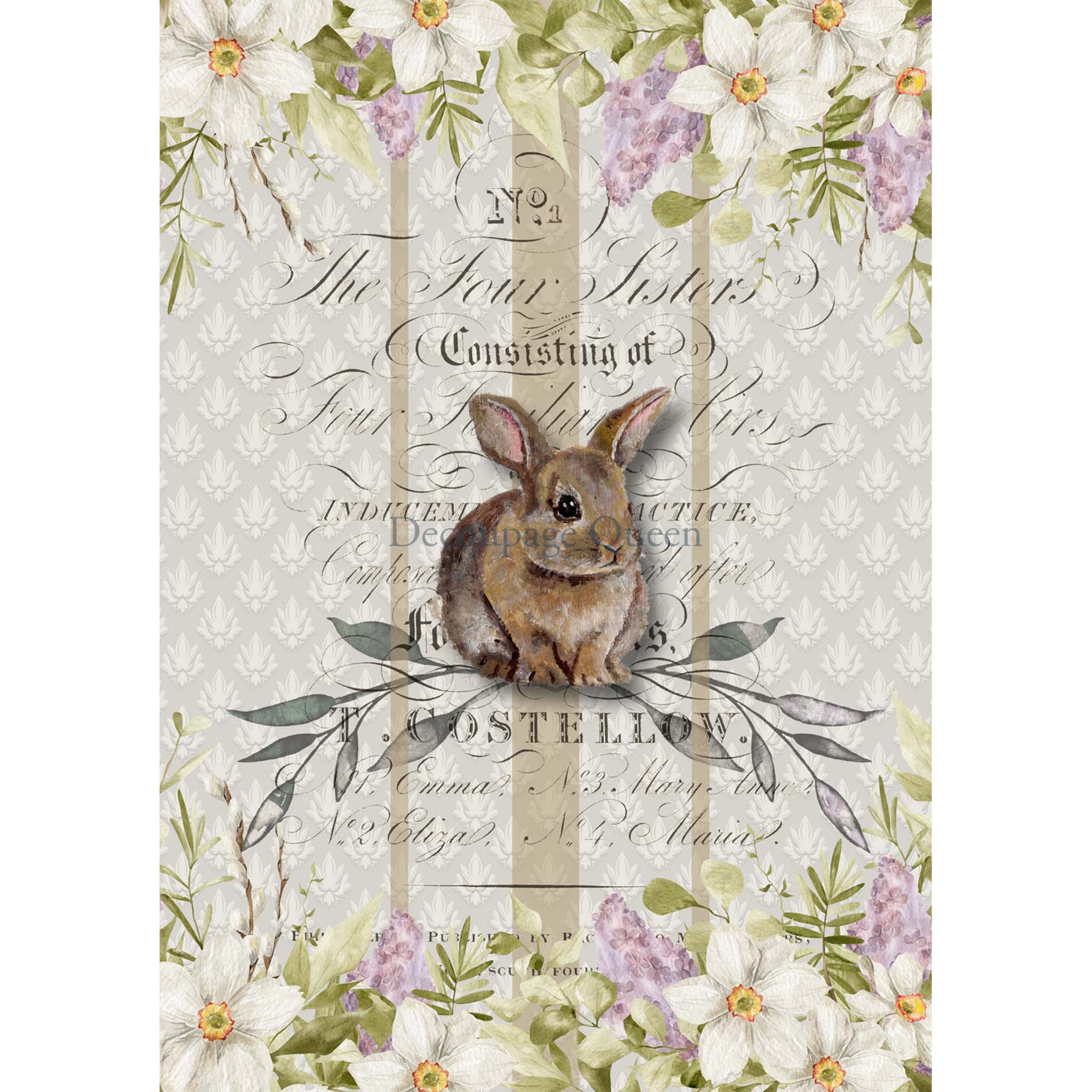 A4 rice paper design that features a charming bunny surrounded by beautiful flowers and elegant script with a repeating flourish pattern in the background. White borders are on the sides.
