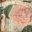 A3 rice paper design of a vintage acress in a pink dress in front of a background of a collage of a large pink flower, script writing, and a sign that reads: Paris Theater.