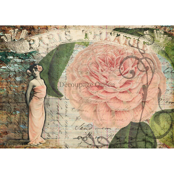 A3 rice paper design of a vintage acress in a pink dress in front of a background of a collage of a large pink flower, script writing, and a sign that reads: Paris Theater. White borders are on the top and bottom.