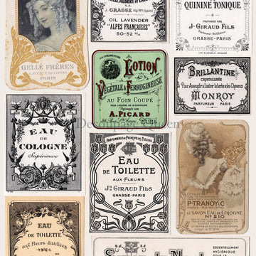 Close-up of a rice paper design that features 10 vintage perfume labels with French script and vintage ladies.