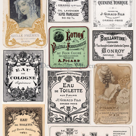 Close-up of a rice paper design that features 10 vintage perfume labels with French script and vintage ladies.