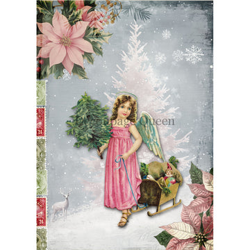 Rice paper featuring an angel girl in a pink dress with a sleigh full of gifts standing against a snowy backdrop with pink poinsettia flowers in the top left and bottom right corners.