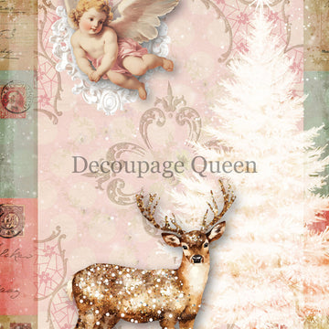 Close-up of a rice paper featuring a vintage Christmas design in soft pink and sage green, complete with a cherub, deer, and a white Christmas tree.