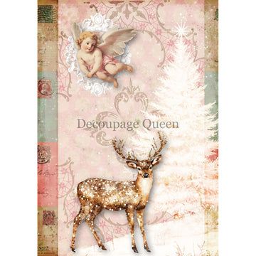Rice paper featuring a vintage Christmas design in soft pink and sage green, complete with a cherub, deer, and a white Christmas tree.