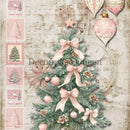 Close-up of a rice paper featuring vintage sheet music with charming pink Christmas postage stamps, ornaments, and a tree trimmed in pink bows.