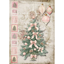 Rice paper featuring vintage sheet music with charming pink Christmas postage stamps, ornaments, and a tree trimmed in pink bows.