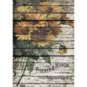 A2 rice paper design that features weathered wood with a bouquet of yellow flowers and printed text that reads: Pitcher & Manda Incorporated, Short Hills, New Jersey, USA. White borders are on the sides.
