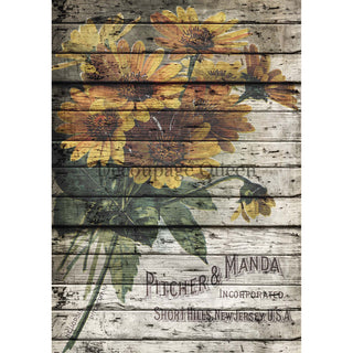 A4 rice paper design that features weathered wood with a bouquet of yellow flowers and printed text that reads: Pitcher & Manda Incorporated, Short Hills, New Jersey, USA. White borders are on the sides.