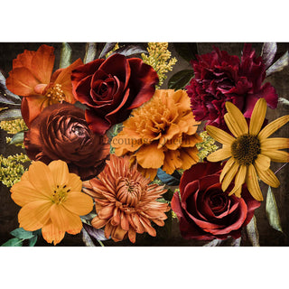 A1 rice paper design that features large burgundy, orange, and autumn colored flowers.  White borders are on the top and bottom.