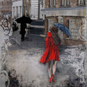A1 rice paper design that features a charming woman in a red coat walking down a wet street. 