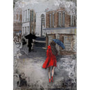 Rice paper design that features a charming woman in a red coat walking down a wet street. White borders are on the sides.