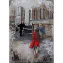 A1 rice paper design that features a charming woman in a red coat walking down a wet street. White borders are on the sides.