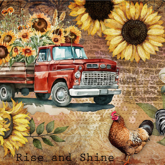Close-up of a rice paper design that features a collage of a vintage red farm truck, chickens, sunflowers, and a teacup against a faded brick background. 