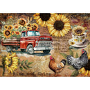 Rice paper design that features a collage of a vintage red farm truck, chickens, sunflowers, and a teacup against a faded brick background. White borders are on the top and bottom.