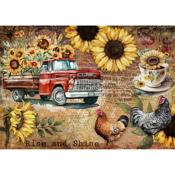 Rice paper design that features a collage of a vintage red farm truck, chickens, sunflowers, and a teacup against a faded brick background. White borders are on the top and bottom.
