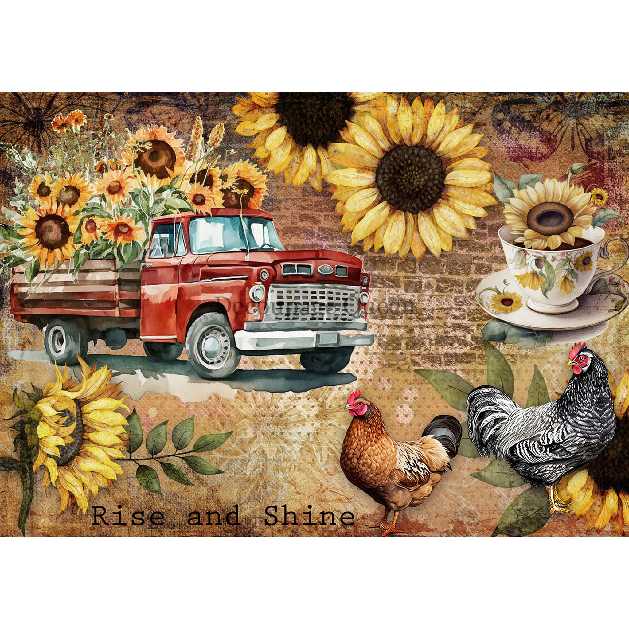 A1 rice paper design that features a collage of a vintage red farm truck, chickens, sunflowers, and a teacup against a faded brick background.  White borders are on the top and bottom.