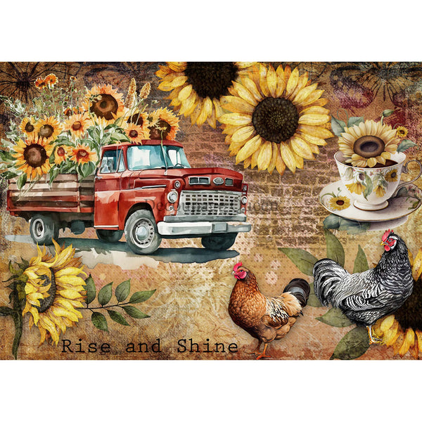 A1 rice paper design that features a collage of a vintage red farm truck, chickens, sunflowers, and a teacup against a faded brick background. White borders on the top and bottom.