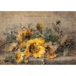 A0 rice paper that features vintage parchment with oil-style painting sunflowers laying on a table.  White borders are on the top and bottom.