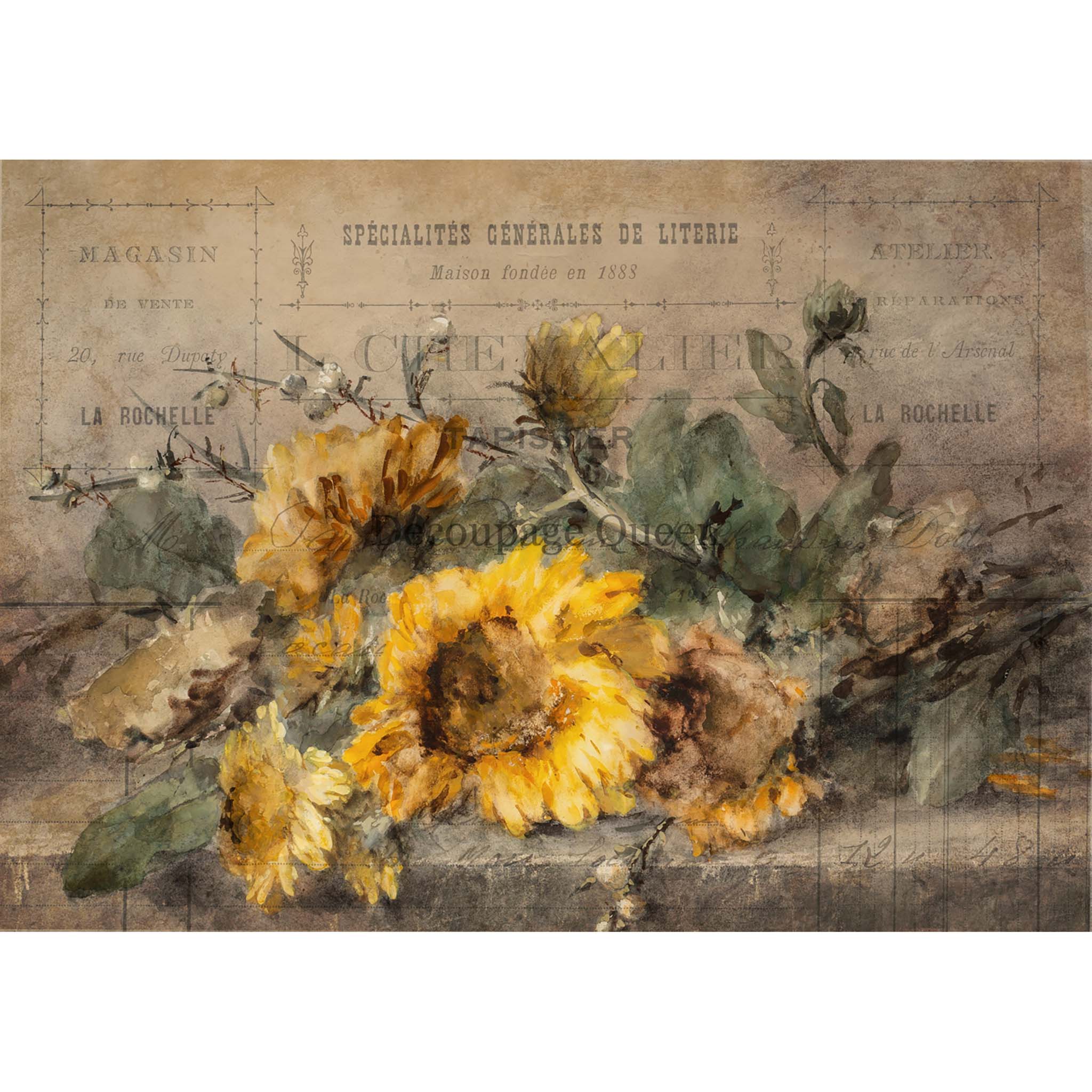 A2 rice paper that features vintage parchment with oil-style painting sunflowers laying on a table.  White borders are on the top and bottom.