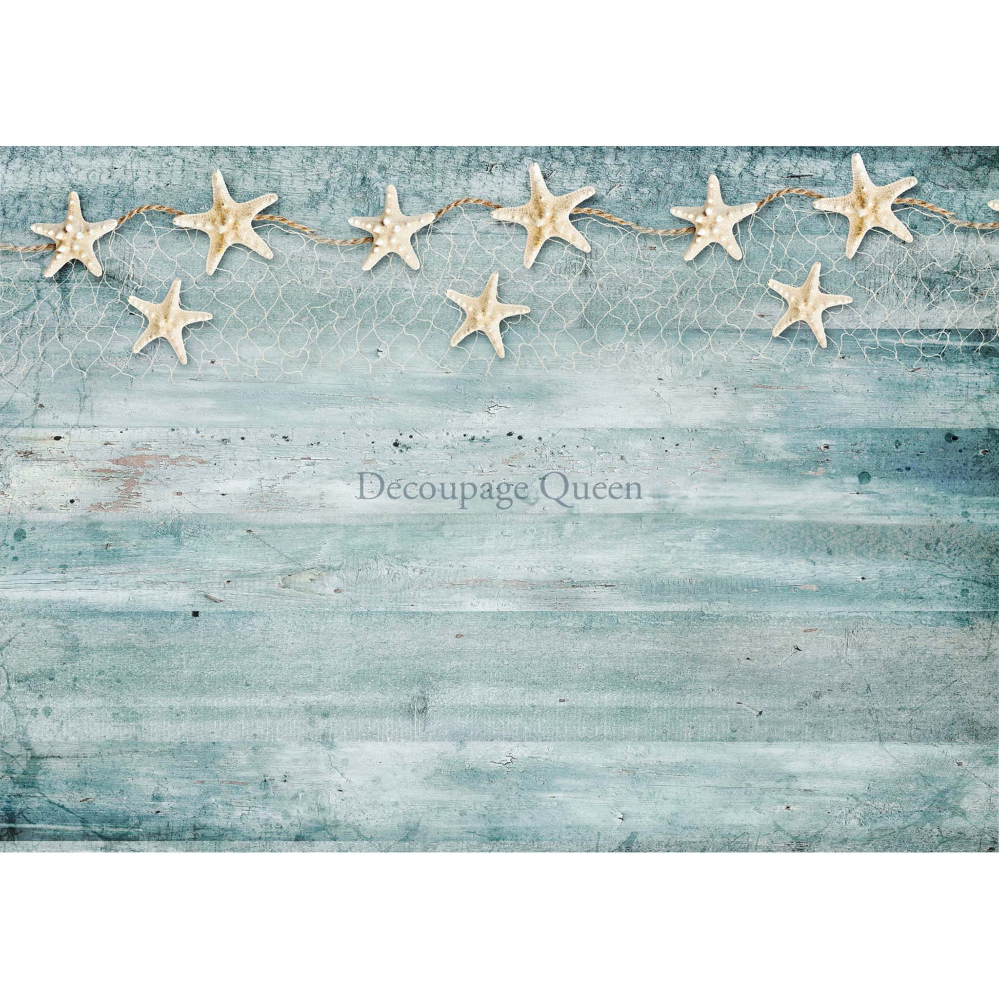 A3 rice paper design featuring a worn plank design in shades of seafoam, blue, and gray, behind a nautical net and starfish. White borders are on the top and bottom.