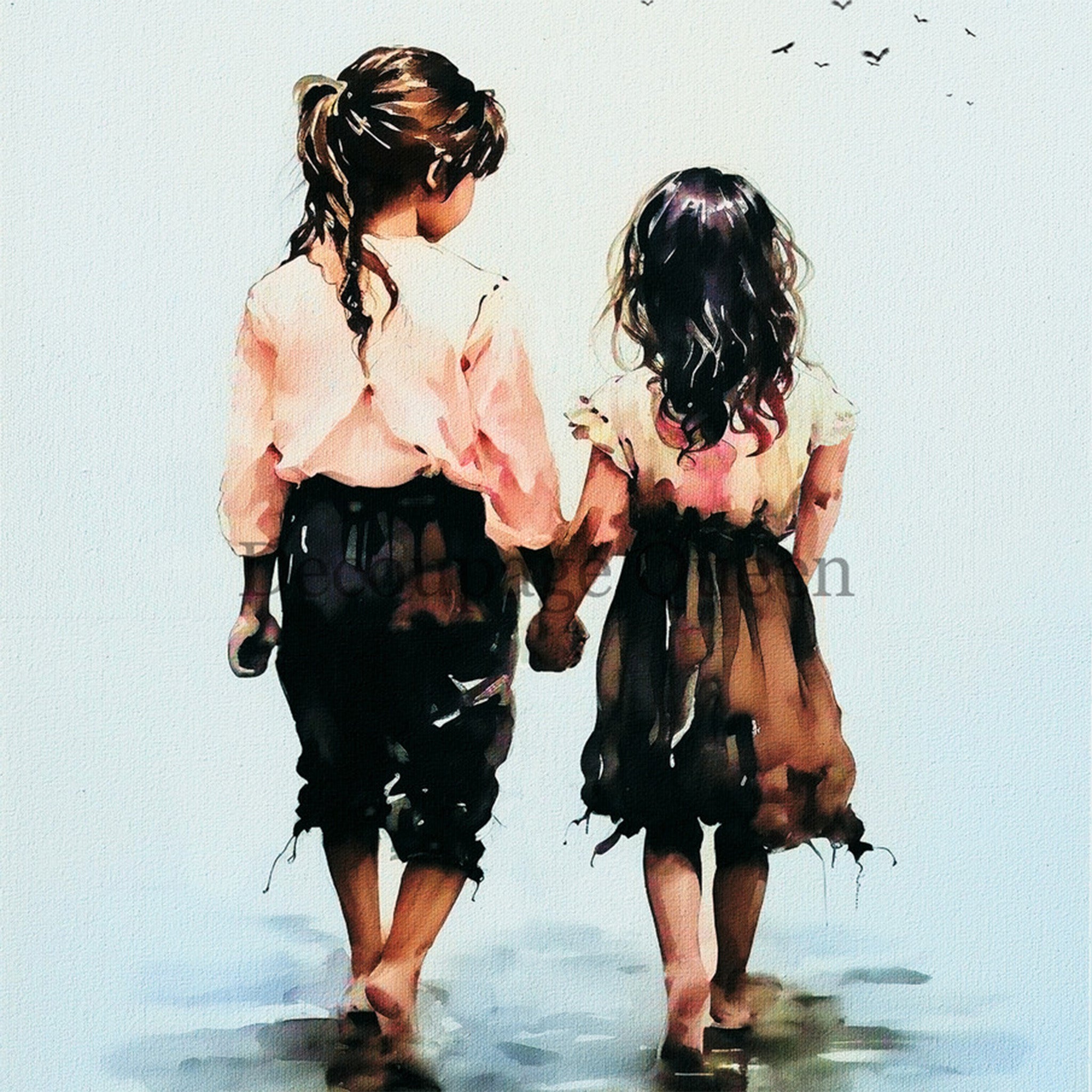 Close-up of a rice paper featuring two sisters holding hands as they wade into the water.