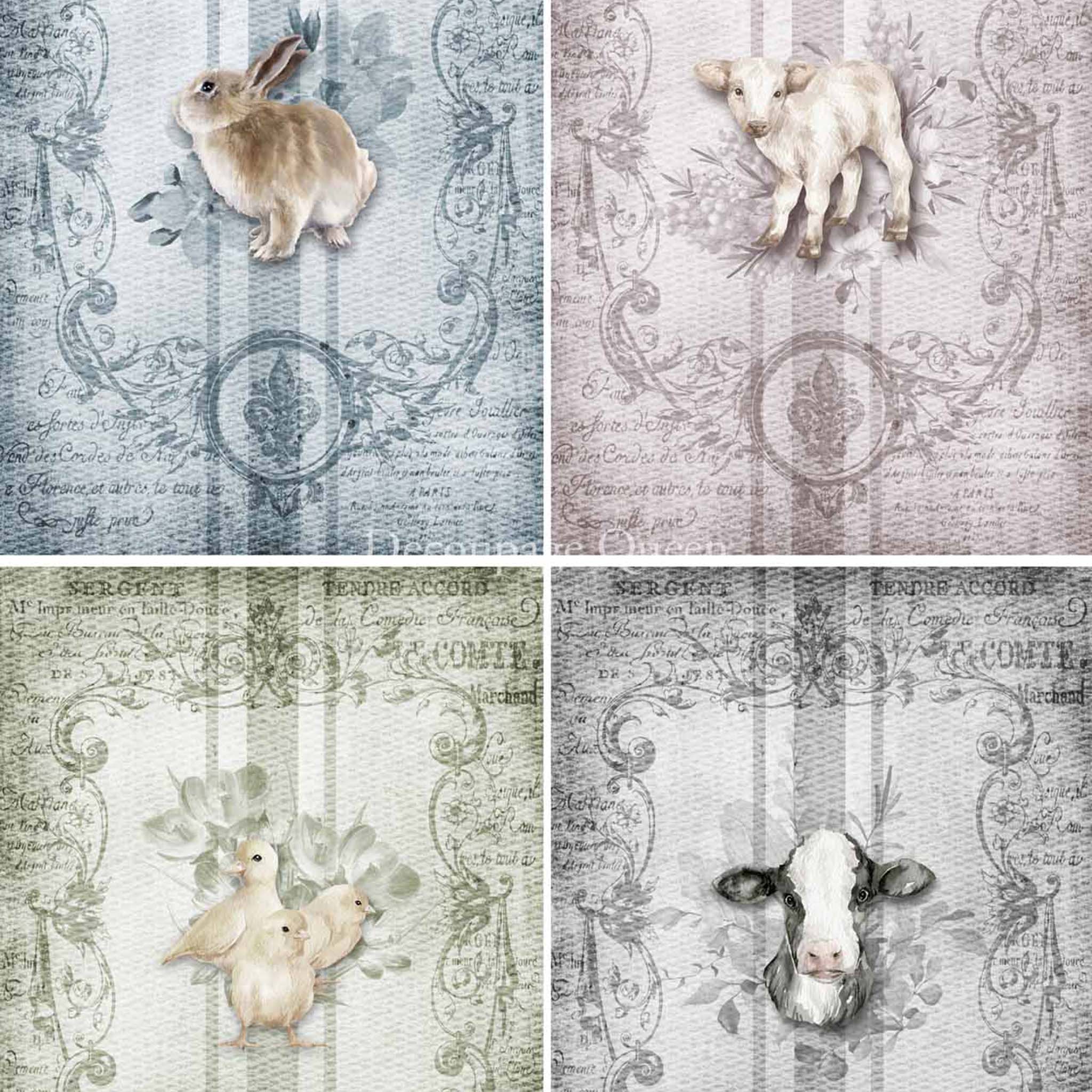 Close-up of a rice paper design that features 4 grain sack designs with adorable baby farm animals on distressed French print.