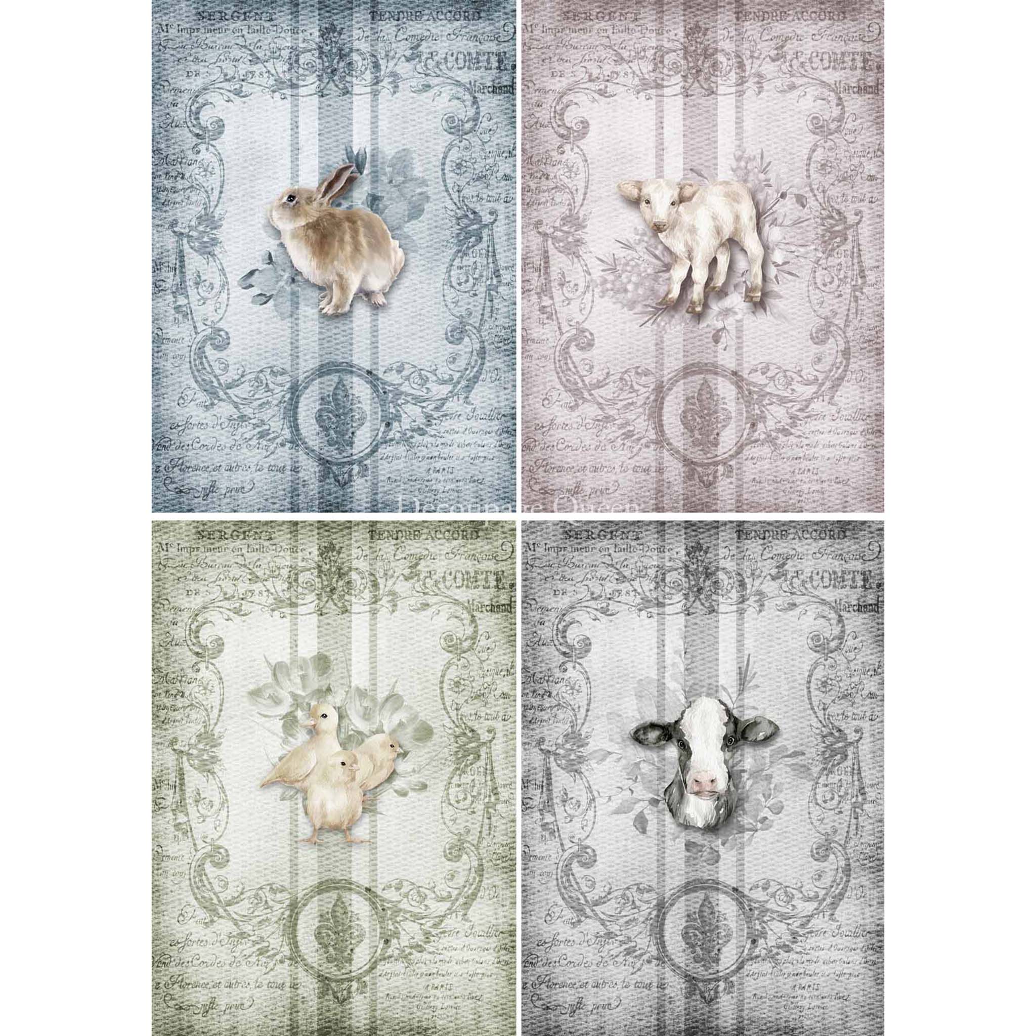 Rice paper design that features 4 grain sack designs with adorable baby farm animals on distressed French print.  White borders are on the sides.