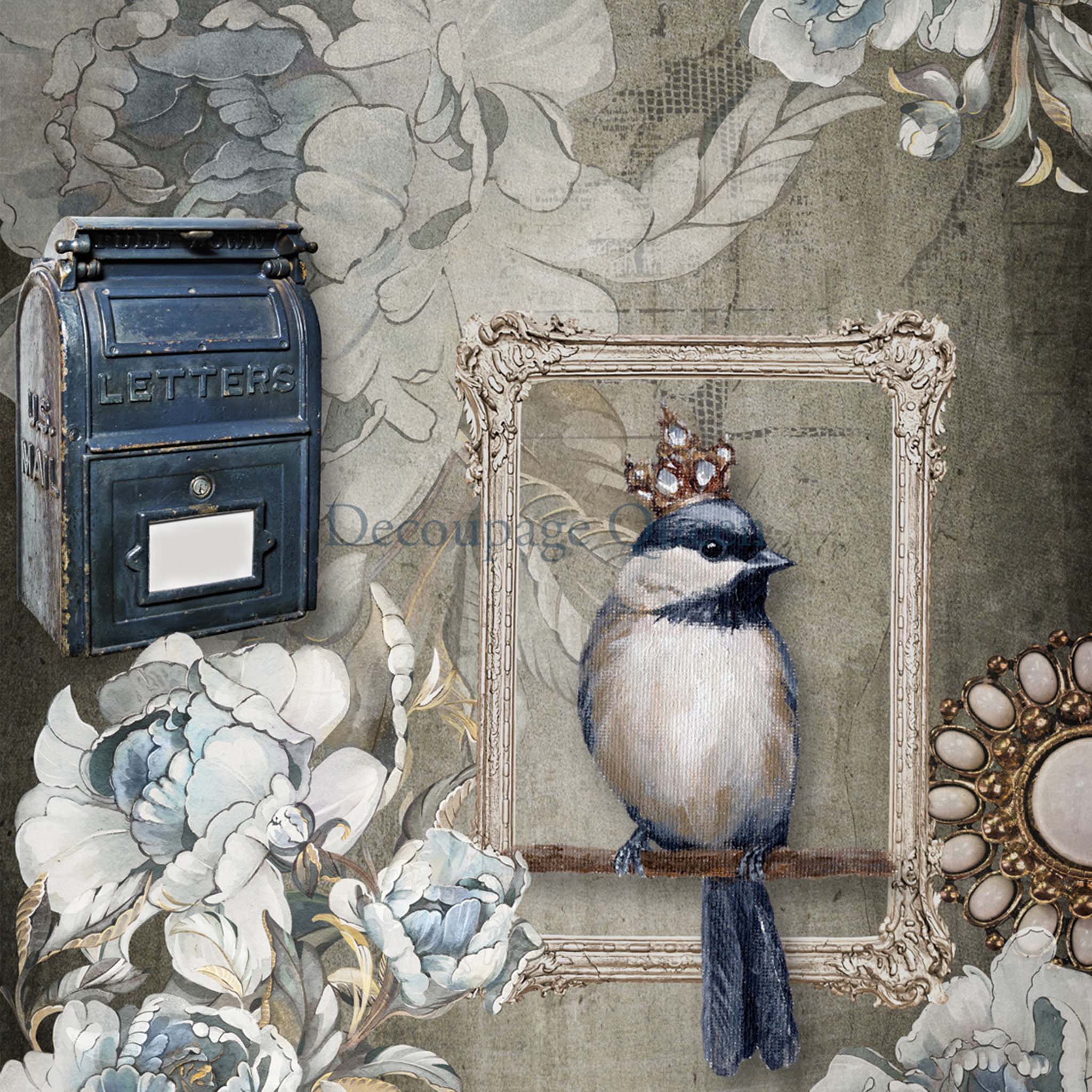 Close-up of an A4 rice paper design that features a distressed background behind a nostalgic mailbox, delicate flowers in white and blue, and a regal bird in a picture frame.