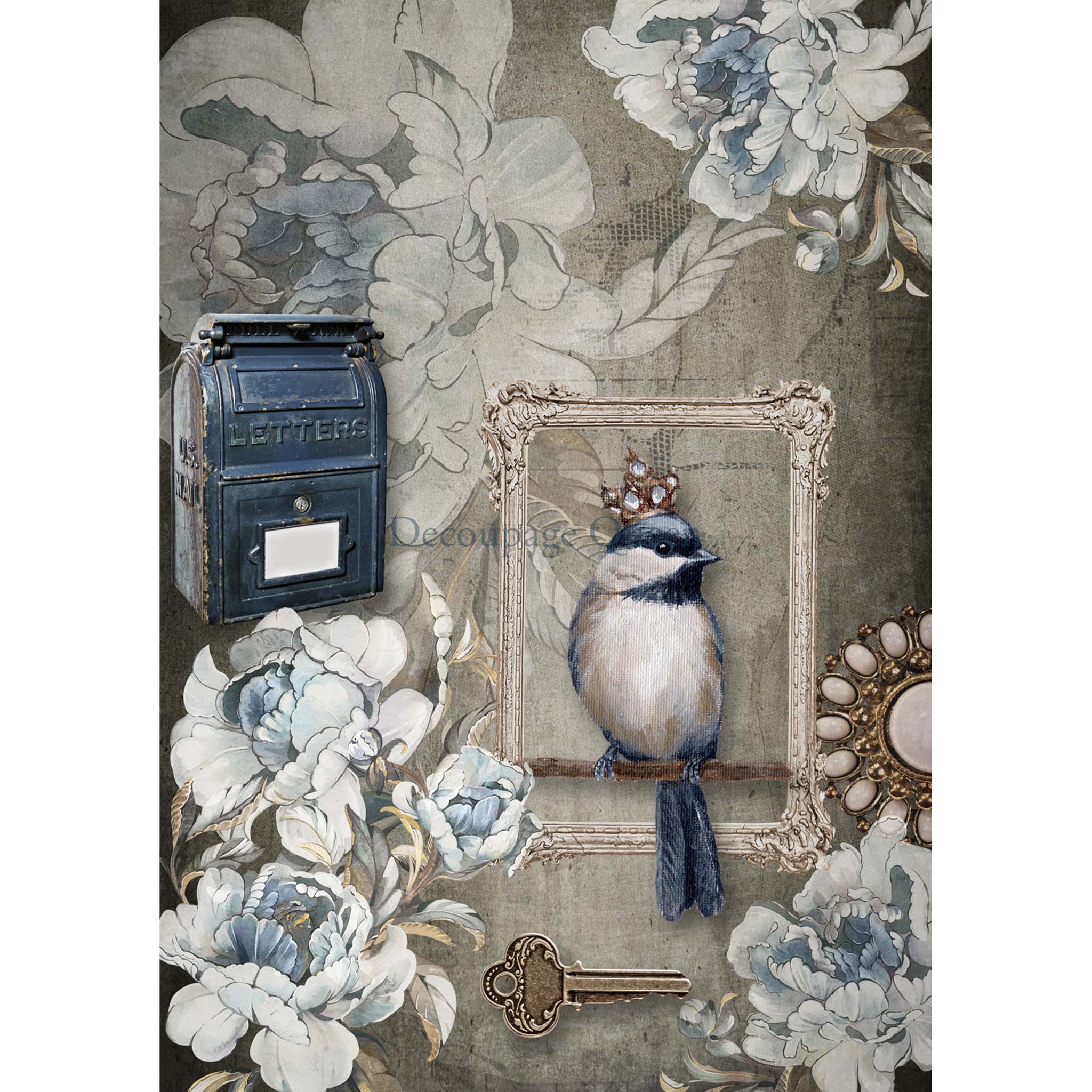 A4 rice paper design that features a distressed background behind a nostalgic mailbox, delicate flowers in white and blue, and a regal bird in a picture frame. White borders are on the sides.