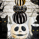 Halloween-themed design with pumpkins, cats, and a crow against a brick wall.