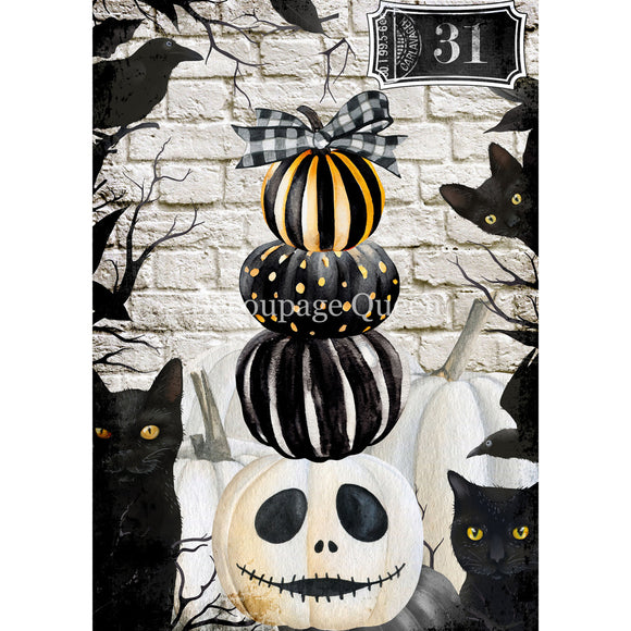 Stack of Halloween-themed pumpkins with black cats and a ghost on a white brick wall background.