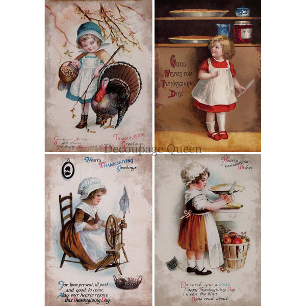 A4 rice paper that features 4 scenes of vintage young children preparing for Thanksgiving. White borders are on the sides.