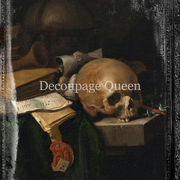 Still life painting with skull, books, and other objects on a dark background, featuring 'Decoupage Queen' text.