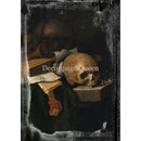 Still life painting with skull, books, and other objects on a dark background, featuring the brand 'Decoupage Queen'.