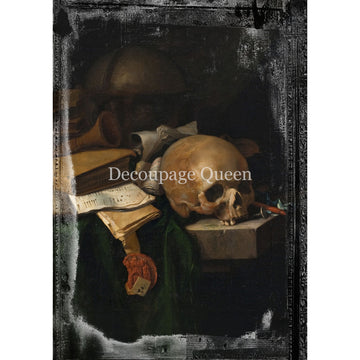 Still life painting with skull, books, and other objects on a dark background, featuring the brand 'Decoupage Queen'.