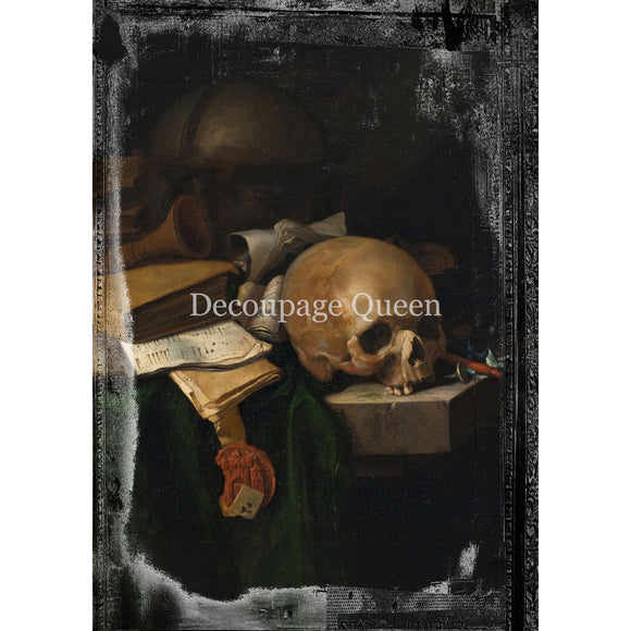 Still life painting with skull, books, and other objects on a dark background, featuring the brand 'Decoupage Queen'.