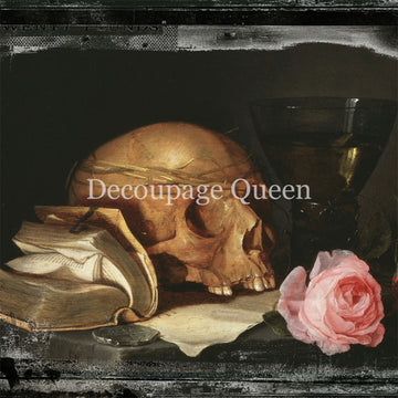 Still life with skull, books, and pink rose on a dark background with 'Decoupage Queen' text.