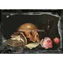 Still life arrangement with skull, book, and roses on a dark background, featuring 'Decoupage Queen' branding.
