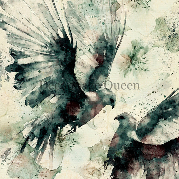 Close-up of a rice paper featuring a watercolor painting of two doves in mid-flight, with their wings spread wide.