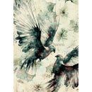 Rice paper featuring a watercolor painting of two doves in mid-flight, with their wings spread wide.