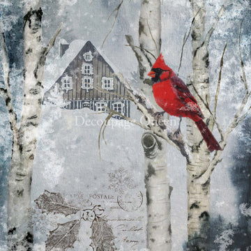 Close-up of a rice paper featuring a charming scene of a cardinal nestled in a birch tree against a snowy backdrop.