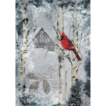 Rice paper featuring a charming scene of a cardinal nestled in a birch tree against a snowy backdrop.