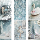 Close-up of vellum paper featuring 9 enchanting scenes of blue winter magic including a unicorn, swans, stripes, damask pattern, and ballerinas.