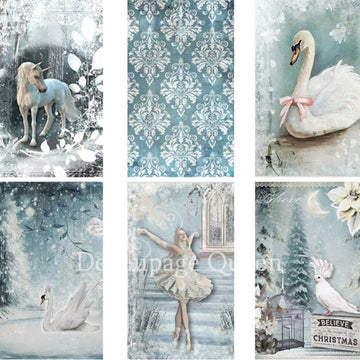 Close-up of vellum paper featuring 9 enchanting scenes of blue winter magic including a unicorn, swans, stripes, damask pattern, and ballerinas.