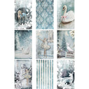 Vellum paper featuring 9 enchanting scenes of blue winter magic including a unicorn, swans, stripes, damask pattern, and ballerinas.